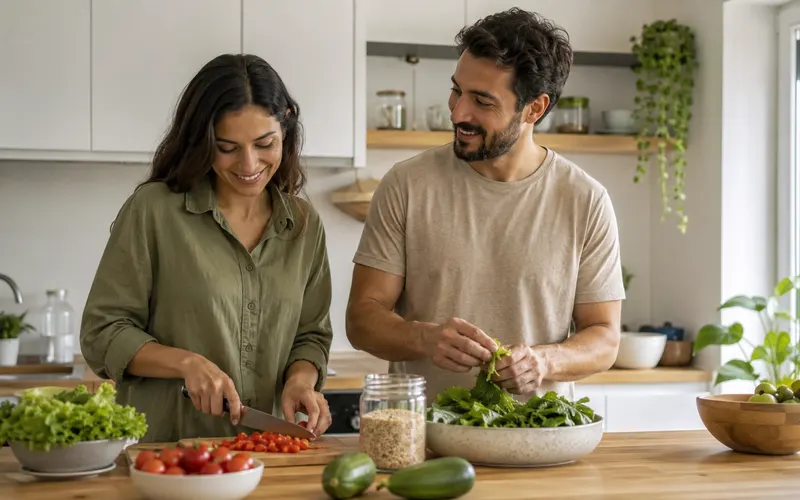 Casal preparando uma refeição com legumes e folhas frescas na cozinha
